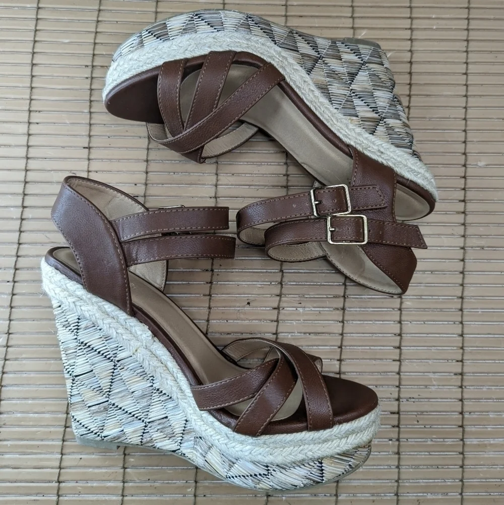 Charlotte Russe Brown Vegan Leather Espadrilles Platform Wedge 5